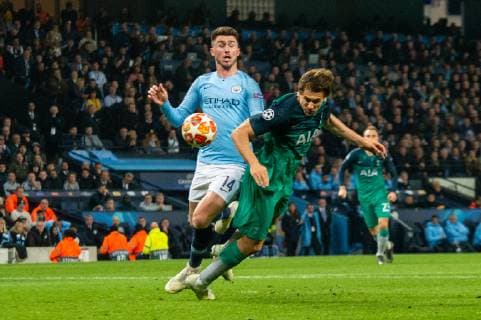Manchester City v Tottenham Hotspur UEFA Champions League Fernando Llorente of Tottenham Hotspur with a header on goal ahead of Aymeric Laporte of Manchester City during the second leg of the UEFA Champions League quarter-final match at the Etihad Stadium, Manchester Content Not Available For UK Newspapers Copyright: xMattxWilkinsonx FIL-13126-0047