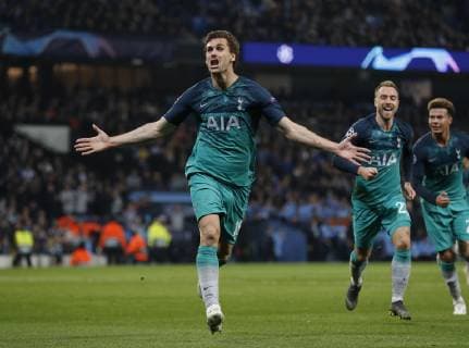 Fernando Llorente of Tottenham scores the their third goal off his hip during the UEFA Champions League match at the Etihad Stadium, Manchester. Picture date: 17th April 2019. Picture credit should read: Darren Staples Sportimage EDITORIAL USE ONLY. No use with unauthorised audio, video, data, fixture lists, club league logos or live services. Online in-match use limited to 120 images, no video emulation. No use in betting, games or single club league player publications. SPI-0043-0038