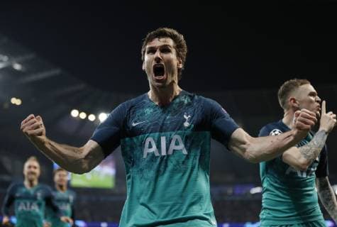 Fernando Llorente of Tottenham scores the their third goal off his hip during the UEFA Champions League match at the Etihad Stadium, Manchester. Picture date: 17th April 2019. Picture credit should read: Darren Staples Sportimage EDITORIAL USE ONLY. No use with unauthorised audio, video, data, fixture lists, club league logos or live services. Online in-match use limited to 120 images, no video emulation. No use in betting, games or single club league player publications. SPI-0043-0045