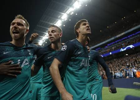 Fernando Llorente of Tottenham scores the their third goal off his hip during the UEFA Champions League match at the Etihad Stadium, Manchester. Picture date: 17th April 2019. Picture credit should read: Darren Staples Sportimage EDITORIAL USE ONLY. No use with unauthorised audio, video, data, fixture lists, club league logos or live services. Online in-match use limited to 120 images, no video emulation. No use in betting, games or single club league player publications. SPI-0043-0048