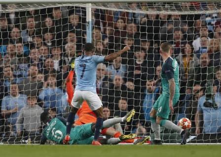 Raheem Sterling of Manchester City nets the ball to win the game only for it to be disallowed by VAR during the UEFA Champions League match at the Etihad Stadium, Manchester. Picture date: 17th April 2019. Picture credit should read: Darren Staples Sportimage EDITORIAL USE ONLY. No use with unauthorised audio, video, data, fixture lists, club league logos or live services. Online in-match use limited to 120 images, no video emulation. No use in betting, games or single club league player publications. SPI-0043-0053