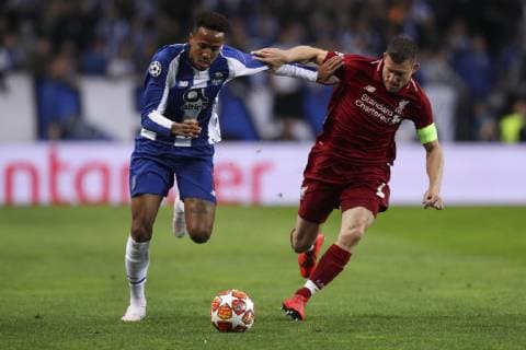 April 17, 2019 - Porto, Porto, Portugal - Porto s Brazilian defender Eder Militao (L) vies with James Milner midfielder of Liverpool (R) during the UEFA Champions League, match between FC Porto and Liverpool, at Dragao Stadium in Porto on April 14, 2019. Porto v Liverpool - UEFA Champions League Quarter Final: Second Leg  - ZUMAn230 20190417_zaa_n230_445 Copyright: xDpix