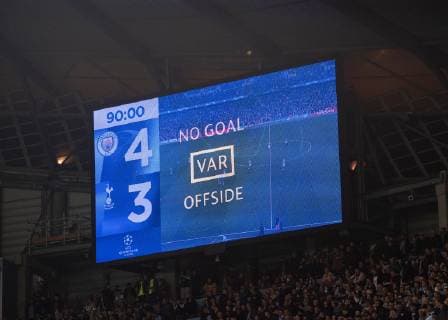 Manchester City v Tottenham Hotspur UEFA Champions League The scoreboard indicates a goal for Manchester City was ruled offside and the score remains 4-3 during the second leg of the UEFA Champions League quarter-final match at the Etihad Stadium, Manchester Content Not Available For UK Newspapers Copyright: xRussellxHartx FIL-13127-0030