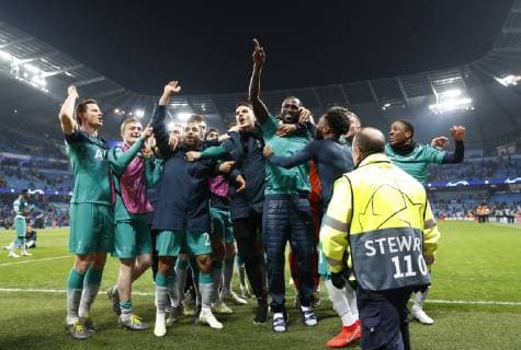 Tottenham celebrate the win during the UEFA Champions League match at the Etihad Stadium, Manchester. Picture date: 17th April 2019. Picture credit should read: Darren Staples Sportimage EDITORIAL USE ONLY. No use with unauthorised audio, video, data, fixture lists, club league logos or live services. Online in-match use limited to 120 images, no video emulation. No use in betting, games or single club league player publications. SPI-0043-0059