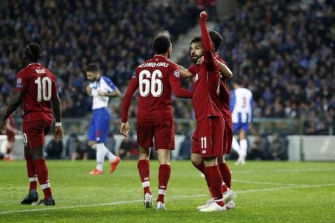 (L-R) Sadio Mane of Liverpool FC, Trent Alexander-Arnold of Liverpool FC, Mohamed Salah of Liverpool FC, Roberto Firmino of Liverpool FC during the UEFA Champions League quarter final match between FC Porto and Liverpool FC at Estadio do Dragao on April 17, 2019 in Porto, Portugal UEFA Champions League 2018 2019 xVIxVIxImagesx xMauricexvanxSteenxIVx 14222239