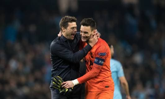 Spurs Manager Mauricio Pochettino & Goalkeeper Hugo Lloris of Spurs at full time during the UEFA Champions League QF 2nd leg match between Manchester City and Tottenham Hotspur at the Etihad Stadium, Manchester, England on 17 April 2019. Copyright: xAndyxRowlandx PMI-2761-0011