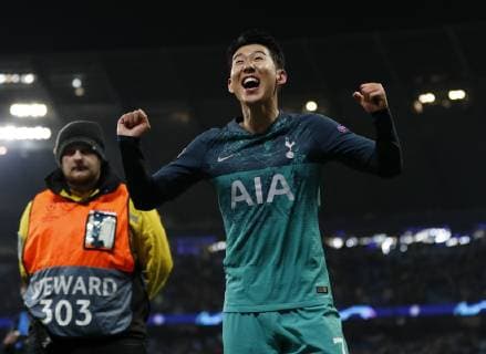 Son Heung-Min of Tottenham celebrates the win during the UEFA Champions League match at the Etihad Stadium, Manchester. Picture date: 17th April 2019. Picture credit should read: Darren Staples Sportimage EDITORIAL USE ONLY. No use with unauthorised audio, video, data, fixture lists, club league logos or live services. Online in-match use limited to 120 images, no video emulation. No use in betting, games or single club league player publications. SPI-0043-0066
