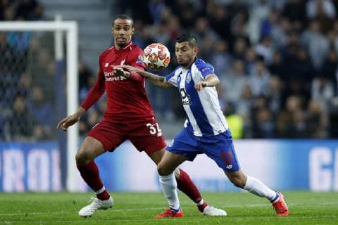 (L-R) Joel Matip of Liverpool FC, Jesus Corona of FC Porto during the UEFA Champions League quarter final match between FC Porto and Liverpool FC at Estadio do Dragao on April 17, 2019 in Porto, Portugal UEFA Champions League 2018 2019 xVIxVIxImagesx xMauricexvanxSteenxIVx 14222251