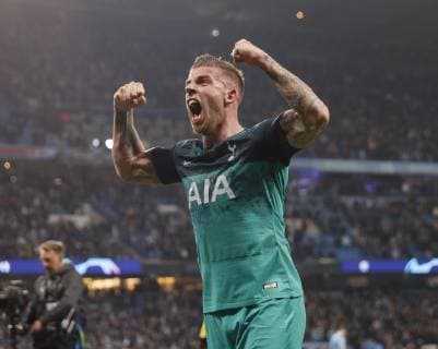 Toby Alderweireld of Tottenham celebrates the win during the UEFA Champions League match at the Etihad Stadium, Manchester. Picture date: 17th April 2019. Picture credit should read: Darren Staples Sportimage EDITORIAL USE ONLY. No use with unauthorised audio, video, data, fixture lists, club league logos or live services. Online in-match use limited to 120 images, no video emulation. No use in betting, games or single club league player publications. SPI-0043-0078