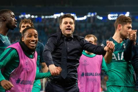 Manchester City v Tottenham Hotspur UEFA Champions League Tottenham Hotspur manager Mauricio Pochettino celebrates with players following the second leg of the UEFA Champions League quarter-final match at the Etihad Stadium, Manchester Content Not Available For UK Newspapers Copyright: xMattxWilkinsonx FIL-13126-0077