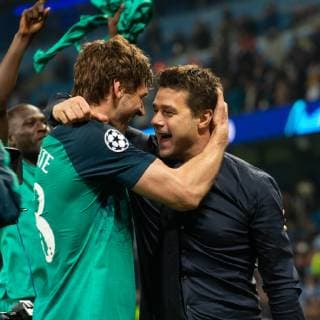 Manchester City v Tottenham Hotspur UEFA Champions League Fernando Llorente of Tottenham Hotspur and Tottenham Hotspur manager Mauricio Pochettino celebrate following the second leg of the UEFA Champions League quarter-final match at the Etihad Stadium, Manchester Content Not Available For UK Newspapers Copyright: xMattxWilkinsonx FIL-13126-0089