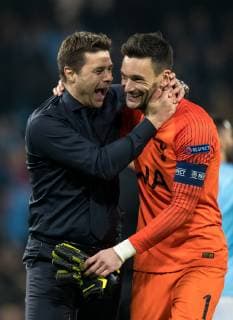 Spurs Manager Mauricio Pochettino & Goalkeeper Hugo Lloris of Spurs at full time during the UEFA Champions League QF 2nd leg match between Manchester City and Tottenham Hotspur at the Etihad Stadium, Manchester, England on 17 April 2019. Copyright: xAndyxRowlandx PMI-2761-0021