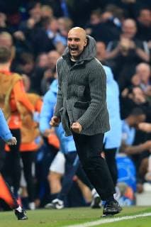 17th April 2019, Etihad Stadium, Manchester, England; UEFA Champions League football, quarter final 2nd leg, Manchester City versus Tottenham Hotspur; Manchester City manager Pep Guardiola celebrates the late goal of Raheem Sterling of Manchester City before it was disallowed  ActionPlus12125023 DavidxBlunsden