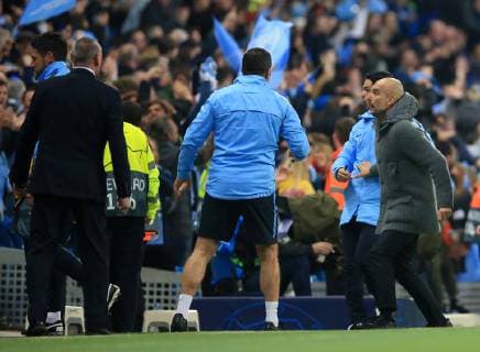 17th April 2019, Etihad Stadium, Manchester, England; UEFA Champions League football, quarter final 2nd leg, Manchester City versus Tottenham Hotspur; Manchester City manager Pep Guardiola reacts as the referee disallows the late goal of Raheem Sterling of Manchester City  ActionPlus12125025 DavidxBlunsden