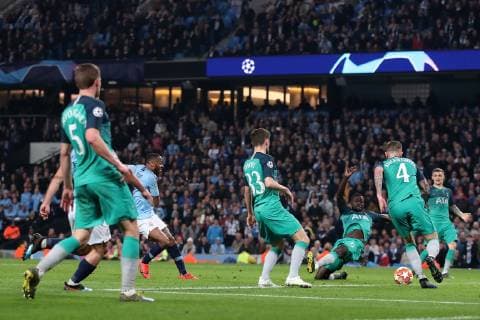 Football - 2018 2019 UEFA Champions League - Quarter-Final, Second Leg: Manchester City (0) vs. Tottenham Hotspur (1) Raheem Sterling of Manchester City scores a goal in injury time but it is disallowed by VAR, at The Etihad. COLORSPORT PAUL GREENWOOD 