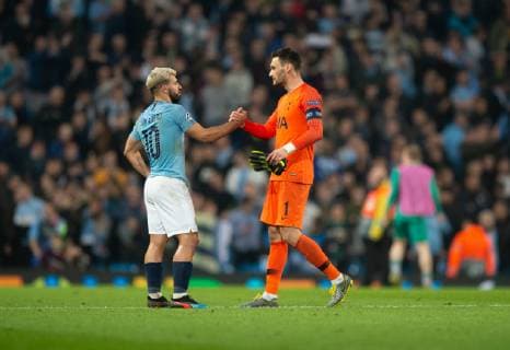 Manchester City v Tottenham Hotspur UEFA Champions League Tottenham Hotspur goalkeeper Hugo Lloris (right) shakes the hand of Sergio Aguero of Manchester City following the second leg of the UEFA Champions League quarter-final match at the Etihad Stadium, Manchester Content Not Available For UK Newspapers Copyright: xRussellxHartx FIL-13127-0036
