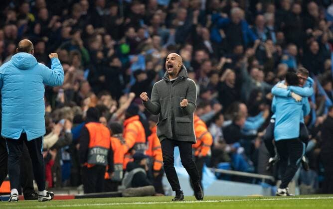 Man City Manager Pep Guardiola celebrates with his staff as he thinks the team have won late in the game only for the goal to be ruled out with VAR during the UEFA Champions League QF 2nd leg match between Manchester City and Tottenham Hotspur at the Etihad Stadium, Manchester, England on 17 April 2019. Copyright: xAndyxRowlandx PMI-2761-0023