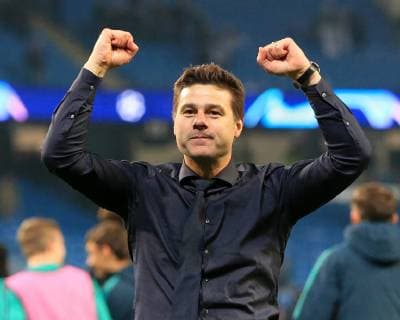 17th April 2019, Etihad Stadium, Manchester, England; UEFA Champions League football, quarter final 2nd leg, Manchester City versus Tottenham Hotspur; Tottenham Hotspur manager Mauricio Pochettino celebrates in front of the visiting fans after the final whistle  ActionPlus12125032 DavidxBlunsden