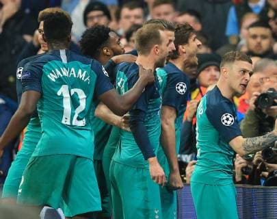 17th April 2019, Etihad Stadium, Manchester, England; UEFA Champions League football, quarter final 2nd leg, Manchester City versus Tottenham Hotspur; Fernando Llorente of Tottenham Hotspur celebrates his winning goal with his team mates in front of the visiting fans  ActionPlus12125035 DavidxBlunsden