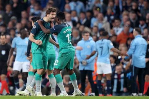 Football - 2018 2019 UEFA Champions League - Quarter-Final, Second Leg: Manchester City (0) vs. Tottenham Hotspur (1) Fernando Llorente of Tottenham Hotspur celebrates the VAR decision awarding his goal, at The Etihad. COLORSPORT PAUL GREENWOOD 