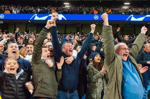 Manchester City v Tottenham Hotspur UEFA Champions League Tottenham Hotspur fans at the final whistle during the second leg of the UEFA Champions League quarter-final match at the Etihad Stadium, Manchester Content Not Available For UK Newspapers Copyright: xMattxWilkinsonx FIL-13126-0104