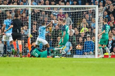 Manchester City v Tottenham Hotspur UEFA Champions League Raheem Sterling of Manchester City (centre) scores a late winner only to be ruled out for offside by VAR during the second leg of the UEFA Champions League quarter-final match at the Etihad Stadium, Manchester Content Not Available For UK Newspapers Copyright: xMattxWilkinsonx FIL-13126-0118