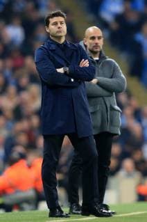 17th April 2019, Etihad Stadium, Manchester, England; UEFA Champions League football, quarter final 2nd leg, Manchester City versus Tottenham Hotspur; Tottenham Hotspur manager Mauricio Pochettino and Manchester City manager Pep Guardiola look on from the touchline late in the second half  ActionPlus12125053 DavidxBlunsden