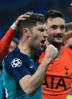 17th April 2019, Etihad Stadium, Manchester, England; UEFA Champions League football, quarter final 2nd leg, Manchester City versus Tottenham Hotspur; Ben Davies of Tottenham Hotspur celebrates after the final whistle  ActionPlus12125060 DavidxBlunsden