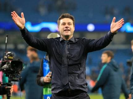 17th April 2019, Etihad Stadium, Manchester, England; UEFA Champions League football, quarter final 2nd leg, Manchester City versus Tottenham Hotspur; Tottenham Hotspur manager Mauricio Pochettino celebrates in front of the visiting fans after the final whistle  ActionPlus12125062 DavidxBlunsden