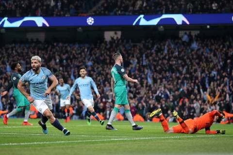 Football - 2018 2019 UEFA Champions League - Quarter-Final, Second Leg: Manchester City (0) vs. Tottenham Hotspur (1) Sergio Aguero of Manchester City celebrates scoring his sides fourth goal to make the score 4-2, at The Etihad. COLORSPORT PAUL GREENWOOD 