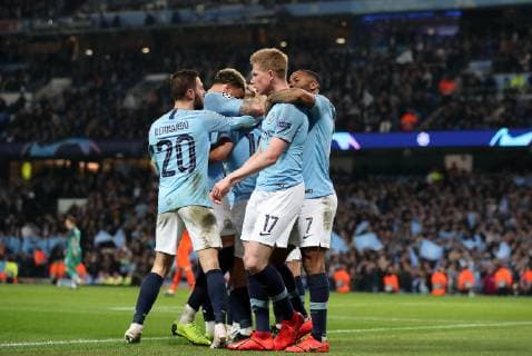 Football - 2018 2019 UEFA Champions League - Quarter-Final, Second Leg: Manchester City (0) vs. Tottenham Hotspur (1) Manchester City players celebrate the goal score by Sergio Aguero, at The Etihad. COLORSPORT PAUL GREENWOOD 