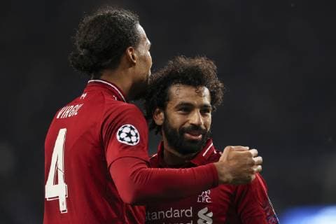 April 17, 2019 - Porto, Porto, Portugal - Virgil Van Dijk defender of Liverpool (L) celebrates after scoring a goal with Mohamed Salah forward of Liverpool (R) during the UEFA Champions League, match between FC Porto and Liverpool, at Dragao Stadium in Porto on April 14, 2019. Porto v Liverpool - UEFA Champions League Quarter Final: Second Leg  - ZUMAn230 20190417_zaa_n230_521 Copyright: xDpix