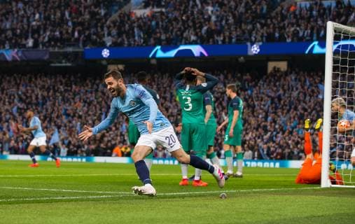 Bernardo Silva of Man City celebrates his goal during the UEFA Champions League QF 2nd leg match between Manchester City and Tottenham Hotspur at the Etihad Stadium, Manchester, England on 17 April 2019. Copyright: xAndyxRowlandx PMI-2761-0031