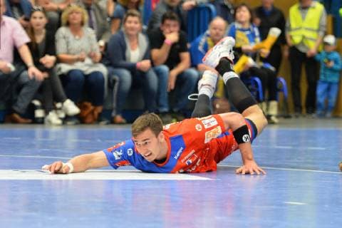 Jona Schoch HBW Balingen Weilstetten on ground EHV Aue vs. HBW Balingen Weilstetten 18 04 2019 2 Handball Bundesliga EHV Aue vs. HBW Balingen Handball 2 Bundesliga 18 04 2019 Loessnitz Copyright: xEIBNER BertxHarzerx EP_BHR