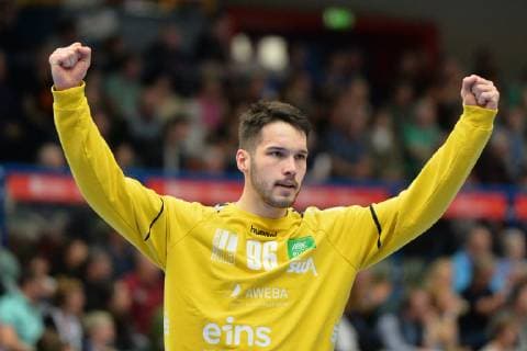 Erik Toepfer Goalkeeper EHV Aue cheers EHV Aue vs. HBW Balingen Weilstetten 18 04 2019 2 Handball Bundesliga EHV Aue vs. HBW Balingen Handball 2 Bundesliga 18 04 2019 Loessnitz Copyright: xEIBNER BertxHarzerx EP_BHR