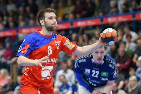 Gregor Thomann HBW Balingen Weilstetten li and Petr Slachta EHV Aue re EHV Aue vs. HBW Balingen Weilstetten 18 04 2019 2 Handball Bundesliga EHV Aue vs. HBW Balingen Handball 2 Bundesliga 18 04 2019 Loessnitz Copyright: xEIBNER BertxHarzerx EP_BHR