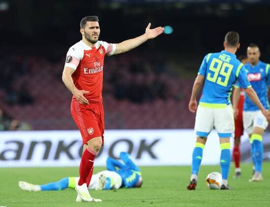 18th April 2019, Stadio San Paolo, Naples, Italy; UEFA Europa League football, quarter final 2nd leg, Napoli versus Arsenal; Sead Kolasinac apeals against a foul  ActionPlus12125227 NaFoto
