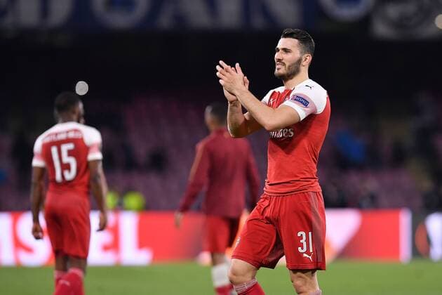 Photo Cafaro LaPresse April 18, 2019 Naples, Italy soccer SSC Napoli vs Arsenal FC - UEFA Europa League 2018 19 season, Quarter-finals, Second leg - San Paolo stadium. In the pic: Sead Kolasinac (Arsenal FC) celebrates the victory.  Copyright: xCafaro LaPressex
