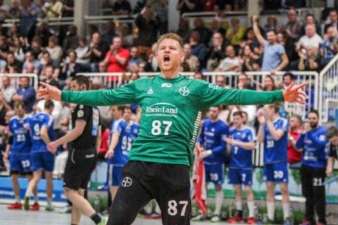 Sven Bartmann Dormagen 87 cheers with outstretched arms at the game TSV Bayer Dorrmagen vs HSV Hamburg Handball 2 Bundesliga 18 04 2019 TSV Bayer Dorrmagen vs HSV Hamburg Handball 2 Bundesliga 18 04 2019 Dormagen Copyright: xEIBNER MarioxHommesx EP_MHS