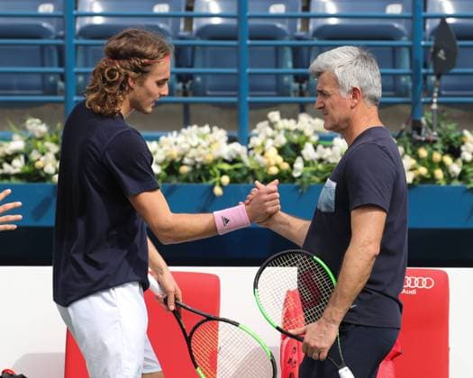 Stefanos Tsitsipas handshake with father coach coach Apostolos after the training Copyright: xJuergenxHasenkopfx