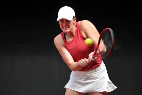 April 20, 2019 - Prostejov, Czech Republic - Rebecca Marino of the Canada in action during the Fed Cup play-off round between Czech Republic and Canada in Prostejov in the Czech Republic. Tennis 2019: Fed Cup playoffs Czech Republic vs Canada - ZUMAr156 20190420_zap_r156_003 Copyright: xSlavekxRutax
