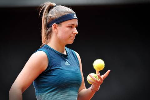 April 20, 2019 - Prostejov, Czech Republic - Karolina Muchova of the Czech Republic in action during the Fed Cup play-off round between Czech Republic and Canada in Prostejov in the Czech Republic. Tennis 2019: Fed Cup playoffs Czech Republic vs Canada - ZUMAr156 20190420_zap_r156_009 Copyright: xSlavekxRutax