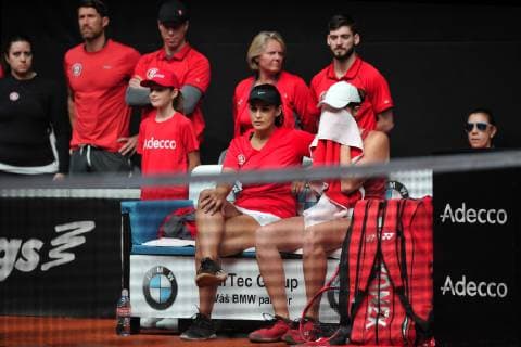 April 20, 2019 - Prostejov, Czech Republic - Rebecca Marino and captain Heidi El Tabakh (L) of the Canada after losing game during the Fed Cup play-off round between Czech Republic and Canada in Prostejov in the Czech Republic. Tennis 2019: Fed Cup playoffs Czech Republic vs Canada - ZUMAr156 20190420_zap_r156_011 Copyright: xSlavekxRutax