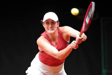 April 20, 2019 - Prostejov, Czech Republic - Rebecca Marino of the Canada in action during the Fed Cup play-off round between Czech Republic and Canada in Prostejov in the Czech Republic. Tennis 2019: Fed Cup playoffs Czech Republic vs Canada - ZUMAr156 20190420_zap_r156_007 Copyright: xSlavekxRutax