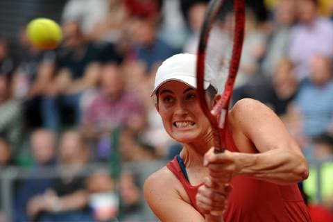 April 20, 2019 - Prostejov, Czech Republic - Rebecca Marino of the Canada in action during the Fed Cup play-off round between Czech Republic and Canada in Prostejov in the Czech Republic. Tennis 2019: Fed Cup playoffs Czech Republic vs Canada - ZUMAr156 20190420_zap_r156_008 Copyright: xSlavekxRutax
