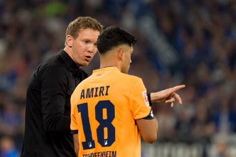 Gelsenkirchen Germany 20 04 2019 1 Bundesliga 30 matchday FC Schalke 04 TSG 1899 Hoffenheim coach Julian Nagelsmann TSG and Nadiem Amiri TSG gesticulated gestures DeFodi001