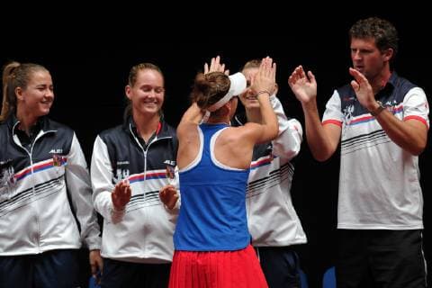 April 21, 2019 - Prostejov, Czech Republic - Marketa Vondrousova of the Czech Republic celebrate after winnig game during the Fed Cup play-off round between Czech Republic and Canada in Prostejov in the Czech Republic. Tennis 2019: Fed Cup playoffs Czech Republic vs Canada - ZUMAr156 20190421_zap_r156_002 Copyright: xSlavekxRutax
