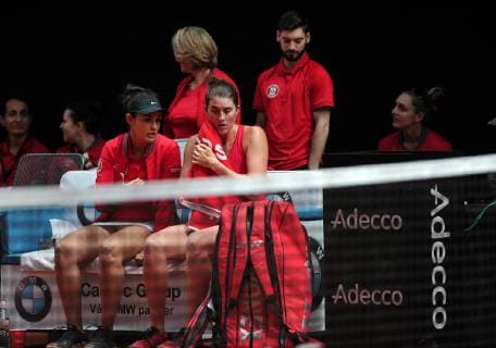 April 21, 2019 - Prostejov, Czech Republic - Rebecca Marino (R) and captain Heidi El Tabakh of the Canada during the Fed Cup play-off round between Czech Republic and Canada in Prostejov in the Czech Republic. Tennis 2019: Fed Cup playoffs Czech Republic vs Canada - ZUMAr156 20190421_zap_r156_009 Copyright: xSlavekxRutax
