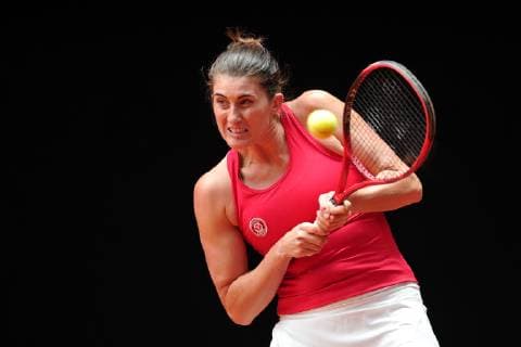 April 21, 2019 - Prostejov, Czech Republic - Rebecca Marino of the Canada in action during the Fed Cup play-off round between Czech Republic and Canada in Prostejov in the Czech Republic. Tennis 2019: Fed Cup playoffs Czech Republic vs Canada - ZUMAr156 20190421_zap_r156_010 Copyright: xSlavekxRutax