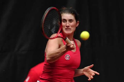 April 21, 2019 - Prostejov, Czech Republic - Rebecca Marino of the Canada in action during the Fed Cup play-off round between Czech Republic and Canada in Prostejov in the Czech Republic. Tennis 2019: Fed Cup playoffs Czech Republic vs Canada - ZUMAr156 20190421_zap_r156_011 Copyright: xSlavekxRutax